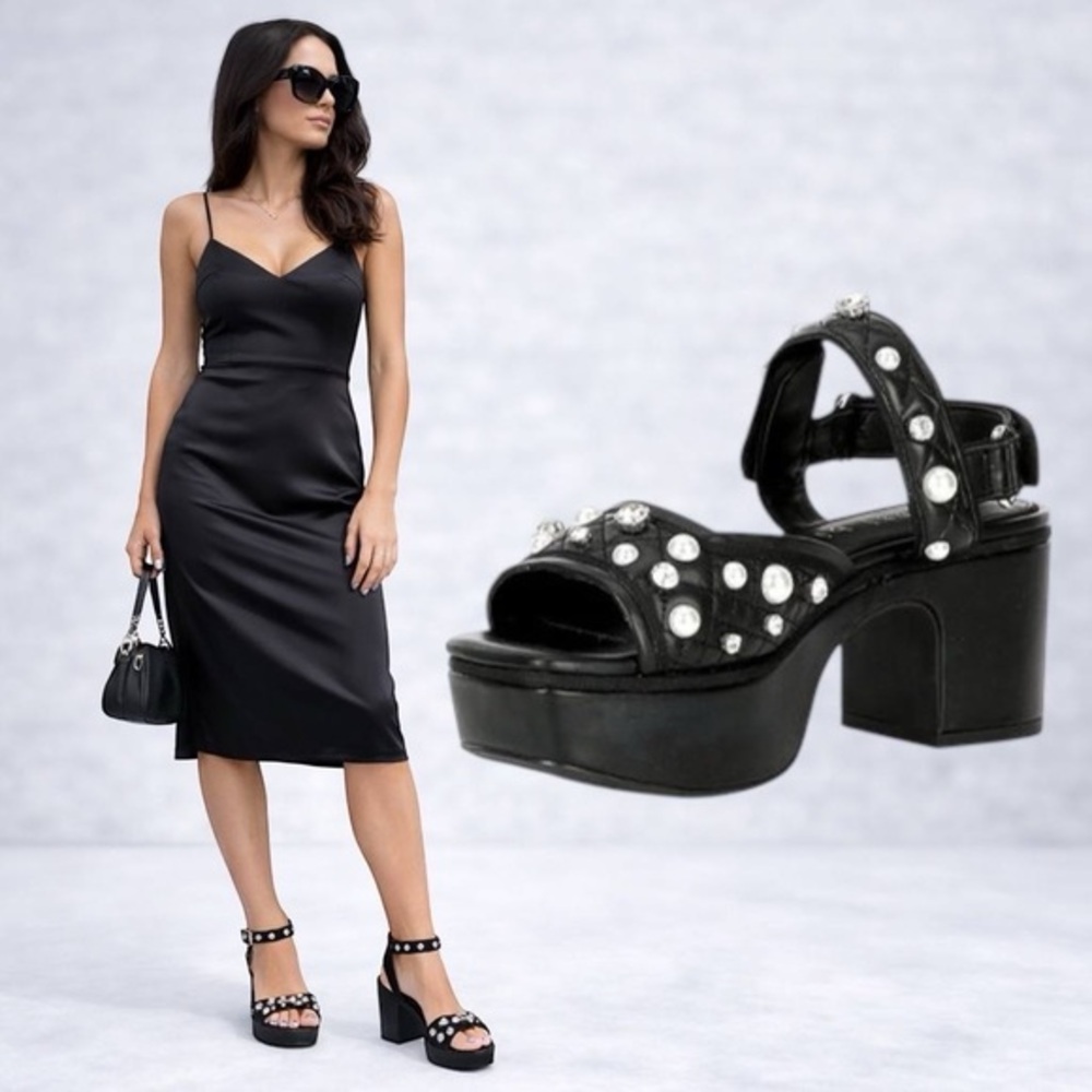 Gianni Bini Zoeyy Platform Sandals 7.5 Black Pearl Rhinestone Quilted Toe W